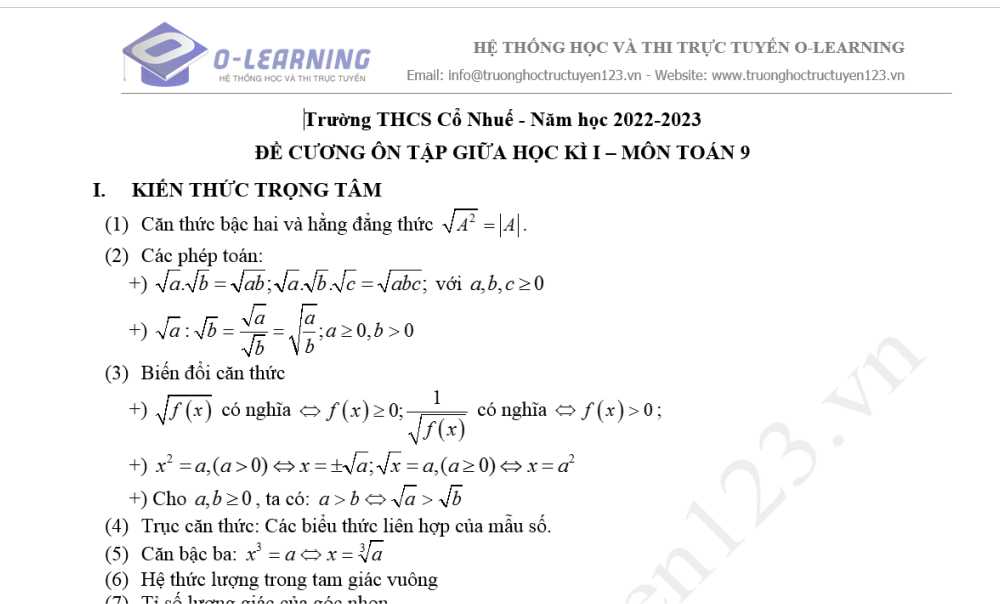 Toán 9. Đề cương Ôn tập giữa học kỳ 1. Trường THCS Cổ Nhuế năm học 2019-2020